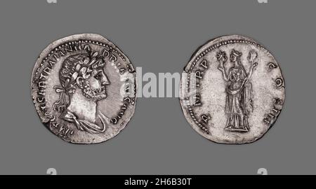 Denar (Münze) mit Kaiser Hadrian, 119-22, herausgegeben von Hadrian. Stockfoto