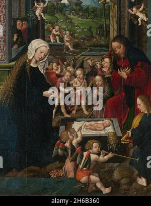 Die Anbetung des Christkindes, c. 1515. Detail aus einem größeren Kunstwerk. Stockfoto