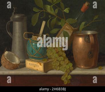 Just Dessert, 1891. Trompe-l'oeil-Szene mit einer halben Kokosnuss, Kupferkoffern, Zinntankard, einem Glas Ingwer, Smyrna-Feigen, Trauben und Maraschino-Likör. Detail aus einem größeren Kunstwerk. Stockfoto