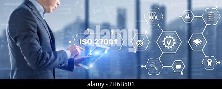 ISO 27001. Internationaler Informationssicherheitsstandard. Konzept der ISO-Normen Qualitätskontrolle Garantie. Stockfoto