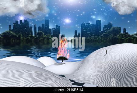 Figur des Menschen in der Ferne. Brennender Baum. Überflutete Stadt im grünen Wald. 3D-Rendering. Stockfoto