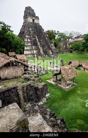 Der hauptplatz der Maya-Ruinen mit dem 'Tempel des großen jaguar' am frühen Morgen, Peten, Guatemala Stockfoto