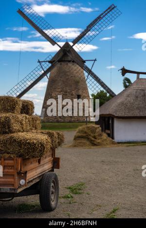 Heuwagen, altes traditionelles ungarisches Haus und Windmühle in der Szentendre Skanzen, Ungarn Stockfoto