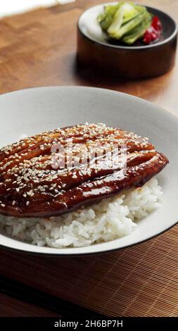 Ein Fokus auf Fleisch auf Reis Stockfoto