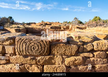 Historische Mauer in einem Pueblo-Dorf im Mesa Verde National Park, USA Stockfoto