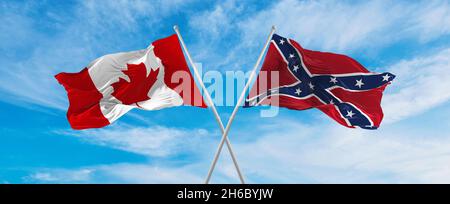 Gekreuzt Nationalflaggen von Kanada und Konföderierten Schlacht oder Dixie Flagge winken im Wind bei bewölktem Himmel. Symbolisieren von Beziehung, Dialog, Reisen b Stockfoto