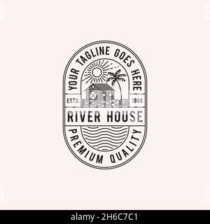 River House Logo Stempel, Illustration Vektor Grafik der abstrakten Marke, flach, Abzeichen, Emblem, einfach, Minimalistischer, moderner Stil mit Linienkunst. Stockfoto
