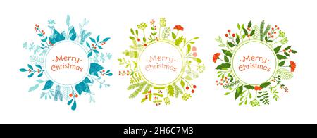 Weihnachten Kreis Rahmen Zweig Gruß Set. Neujahr oder Weihnachten Winter Hintergrund für Text Herzlichen Glückwunsch. Urlaub Mistel Stechpalme, Beere, Tannenbaum Winter Doodle Design. Festliches Poster oder Grußkarte Stock Vektor