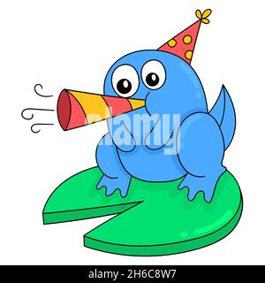 Der Frosch feiert das neue Jahr weht die Trompete, Vektor-Illustration Kunst. Doodle Icon Bild kawaii. Stock Vektor