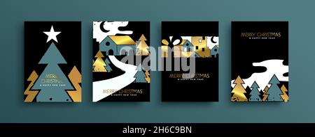 Frohe Weihnachten Happy New Year Luxus Illustration Set aus Gold festliche Landschaft in handgezeichneten Stil. Inklusive Geschenkbox, Winterstadt und Kiefernbaum für Stock Vektor