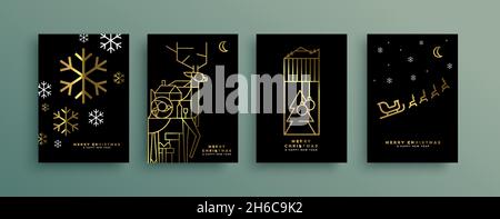 Frohe Weihnachten Frohes Neues Jahr Grußkarten-set Luxus gold Urlaub Dekoration in abstrakten Überblick Kunst Stil. Mit Rentier, Geschenkbox und baub Stock Vektor