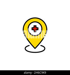 Kartenzeiger mit einem Kreuzzeichen. Medizinische Hilfe und Standort des Krankenhauses. Pixel perfekt, editierbare Kontur farbenfrohes Symbol Stock Vektor