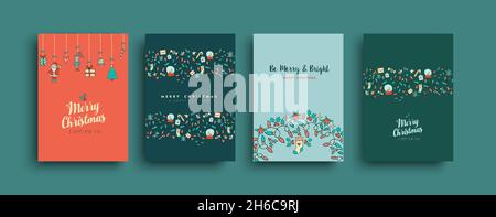 Frohe Weihnachten und glückliches neues Jahr handgezeichnete Feiertag Ornament Dekoration Grußkarte Set. Inklusive weihnachtsmann, Elf, Weihnachtsbaum. Stock Vektor