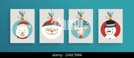 Set mit fröhlichem Weihnachtsdesign. Niedliche Retro-Designs von Weihnachtsfiguren im Winter: weihnachtsmann, Eisbär, Hirsch und Schneemann. Ideal für Urlaub Poster, Urlaub gree Stock Vektor