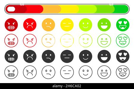 Emoji Feedback Bewertung Skala flache Linie gesetzt. Emoticon zur Kundenzufriedenheit reicht von gut bis schlecht. Service Level Arbeit negativ neutral positiv Erfahrung Licht Schnittstelle isoliert Stock Vektor