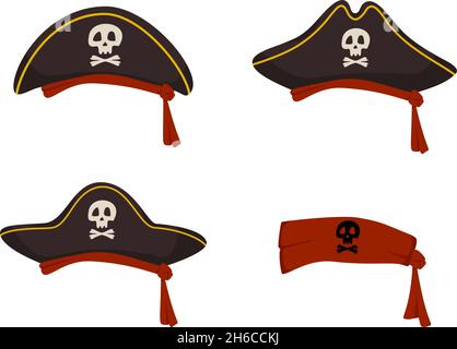Set Piratenhut mit Totenkopf und Kreuzknochen und Bandana. Festlicher Kopfschmuck für Maskerade, Karneval oder Urlaub Stock Vektor