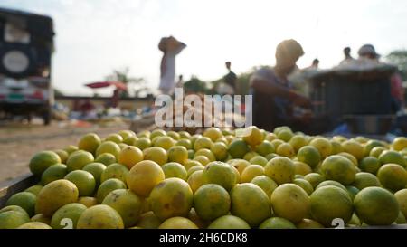 Hochauflösendes Bild: Frische Zitronen auf einem lebhaften Gemüsemarkt Stockfoto