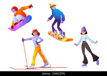 Die Menschen engagieren sich im Wintersport. Glückliche Männer und Frauen in warmen Kleidern, die Snowboard fahren, mit Skiern und Schlittschuhen laufen. Zeichentrickfiguren Winterzeit aktive Erholung, Aktivitätsunterhaltung, Vektorset Stock Vektor