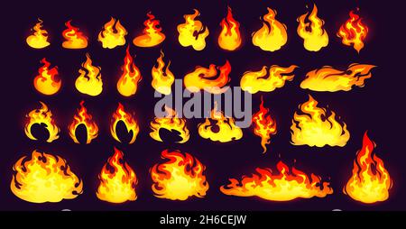 Brennende Feuersammlung, gelbe und orangefarbene Flamme auf schwarzem Hintergrund isoliert. Vektor-Cartoon-Set von Feuer, Fackel oder Kerze. Animation Sprite Blatt mit Flamme brennen Stock Vektor