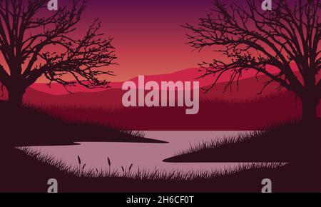 Fantastische Aussicht auf die Berge vom Flussufer in der Abenddämmerung mit den Silhouetten von trockenen Bäumen um es herum. Vektordarstellung einer Stadt Stock Vektor