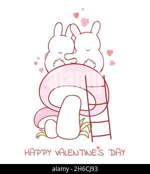 Niedliche Valentinskarte im Kawaii-Stil. Zwei schöne Hasen auf Pilzen. Inschrift Alles Liebe zum Valentinstag. Kann für Grußkarte, Sticker Design verwendet werden Stock Vektor