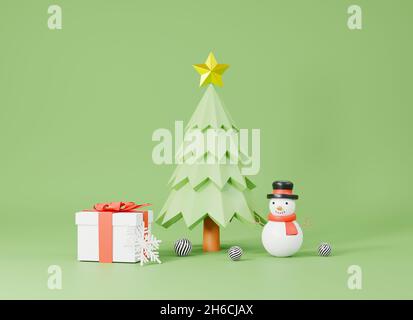 Frohes neues Jahr und Weihnachten, schöner weihnachtsbaum, Geschenkbox und Schneemann Urlaub Grußkarte auf grünem Hintergrund, dekorative Web-Design elem Stockfoto