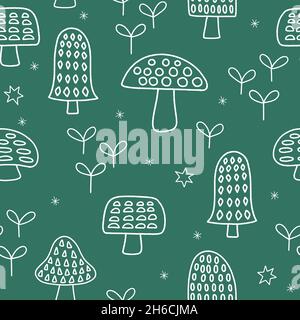 Hintergrund mit Vektor-Muster von Pilzen, nahtlose Wiederholung von umrissenen, handgezeichneten Pilzen und Blättern. Stock Vektor