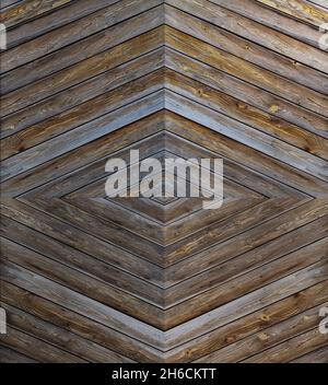 Verwitterter, unbemalter Holzhintergrund mit schrägen Brettern, Vorderansicht. Abstrakter, hochauflösender, strukturierter Hintergrund im Vollformat. Stockfoto