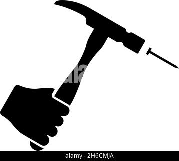 Hammer trifft Nagel in der Hand Klaue halten Fixierung und Reparatur Arbeitswerkzeuge Symbol schwarz Farbe Vektor Illustration flachen Stil einfaches Bild Stock Vektor