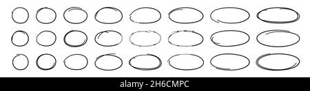 Handgezeichnete Ovale und Kreise gesetzt. Ovale in verschiedenen Breiten. Markieren Sie Kreisrahmen. Ellipsen im Doodle-Stil. Satz von Vektorgrafik isoliert auf Stock Vektor