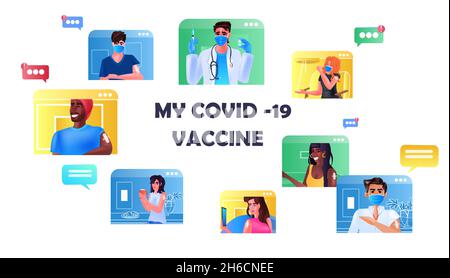Arzt im Web-Browser-Fenster Beratung mischen Rasse Patienten während Videoanruf Online-medizinische Beratung covid Impfung Stock Vektor