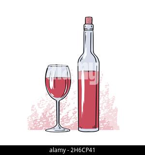 Eine Flasche Rotwein mit Glas. Ein angenehmes alkoholisches Getränk. Vektor isolierte Kunst Illustration von Hand gezeichnet Stock Vektor