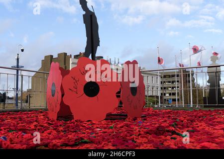 Tausende von einzeln gehäkelten roten Mohnblumen, die am Waffenstillstandstag und Gedenksonntag in Gravesend, Kent, England, ausgestellt wurden Stockfoto