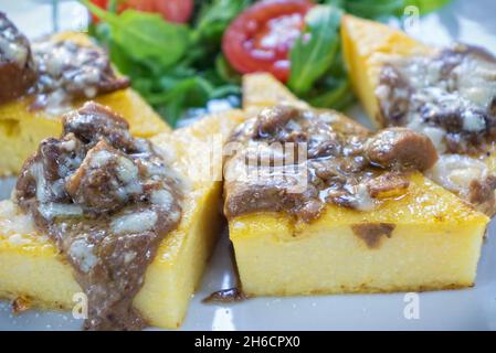 Italienische Polenta mit Pilzsauce Stockfoto