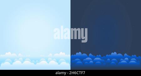 Tag und Nacht Himmel Firmament mit Wolken.sonnig und Nacht Himmel.Wettervorhersage Hintergrund.Hintergrund für Banner mit Copy Space.Vektor-Illustration Stock Vektor