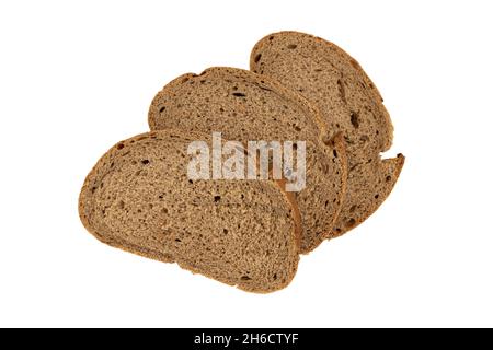 Drei Scheiben Roggenbrot auf weißem Hintergrund, Draufsicht, frisches, leckeres hausgemachtes gesundes Backen Stockfoto