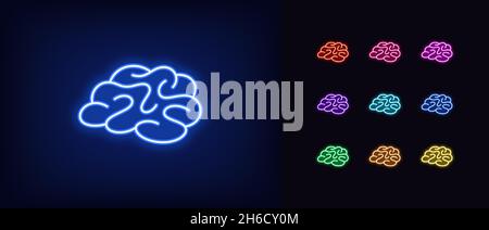 Umreißen Neon Gehirn Symbol. Leuchtendes Neon-Hirn-Zeichen, Intelligenzpiktogramm in lebendigen Farben. Brain Biohacking und IQ, menschliches Gedächtnis und Intellekt, mental Stock Vektor