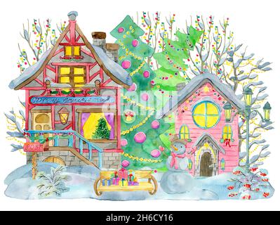 Aquarell-Illustration mit schönen vintage Weihnachtsdorf, Bank mit Geschenken, Laterne und Natur isoliert auf weiß. Winterweihnacht und New Yea Stockfoto