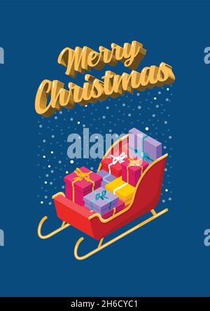 Weihnachts-Postkarte Isometrisch des weihnachtsschlittens mit Stapel von Geschenken. Vektorgrafik Stock Vektor