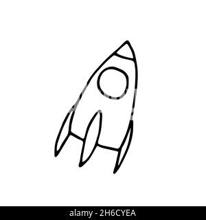 Zeilenraum Doodle Aufkleber. Fliegende Rakete isoliert auf weißem Hintergrund. Umreißen Sie das astronomische Objekt. Raumschiff Symbol für Reisen, Bildung, Wissenschaft Stock Vektor