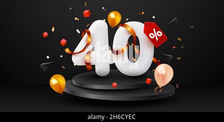 40 % Rabatt. Black Friday Sale Komposition mit dekorativen Objekten, Luftballons, goldenem Konfetti, Podium. Rabattbanner und Poster. Vektorgrafik. Stock Vektor
