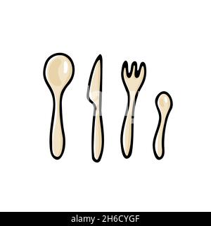 Doodle Vektor Besteck-Set. Farblöffel, Gabel, Messer isoliert auf weißem Hintergrund. Gemütliche Küchenutensilien, niedliches Geschirr, Geschirr zum Abendessen, Mittagessen. H Stock Vektor