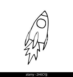 Zeilenraum Doodle Aufkleber. Fliegende Rakete isoliert auf weißem Hintergrund. Umreißen Sie das astronomische Objekt. Raumschiff Symbol für Reisen, Bildung, Wissenschaft Stock Vektor