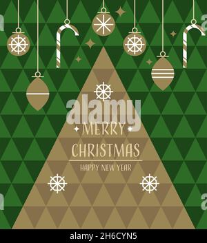 Schöne Grußkarte im geometrischen Stil. Weihnachtsbaum und Dekorationen. Heller festlicher Hintergrund für eine Inschrift. Weihnachtskonzept. Stock Vektor