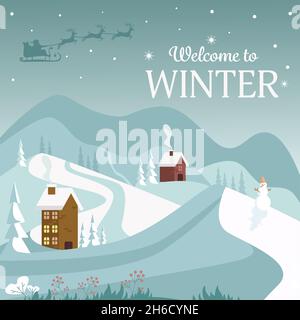 Wunderschöne Winterlandschaft mit Tannen, Häusern, Schneemann und weihnachtsmann mit Rentieren. Vektorgrafik. Stock Vektor