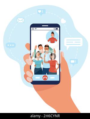 Freunde oder Familie kommunizieren über Videolink, Frauen und Männer, weiße und schwarze Menschen. Hand mit dem Telefon. Vektorgrafik in einem flachen Stil. Stock Vektor