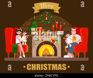 Familie am Kamin mit Geschenken und einem Weihnachtsbaum. Eltern und Kinder. Gemütliche Familie Weihnachtsfeier. Vektorgrafik in einem flachen Stil. Stock Vektor
