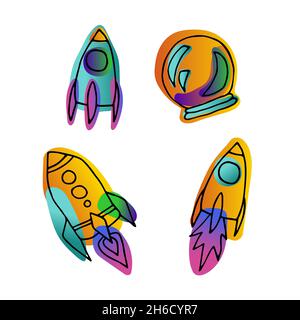 Heller Raum Doodle Aufkleber-Set. Rakete auf weißem Hintergrund isoliert. Gradient violett, orange, blau neonfarben astronomisches Objekt. Raumschiff-Symbol o Stock Vektor