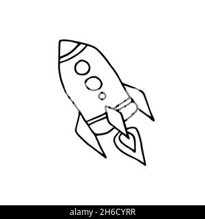 Zeilenraum Doodle Aufkleber. Fliegende Rakete isoliert auf weißem Hintergrund. Umreißen Sie das astronomische Objekt. Raumschiff Symbol für Reisen, Bildung, Wissenschaft Stock Vektor