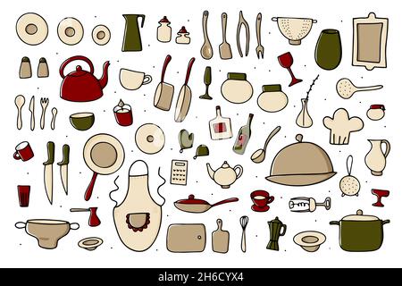 Doodle Geschirr Vektor-Set. Cartoon Farbe Küchengeschirr isoliert auf weißem Hintergrund. Kochtöpfe, Pfannen, Teller, Besteck, Wasserkocher, Kaffee c Stock Vektor